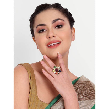 Auraa Trends 22 KT Gold-Plated Kundan-Studded Adjustable Finger Ring