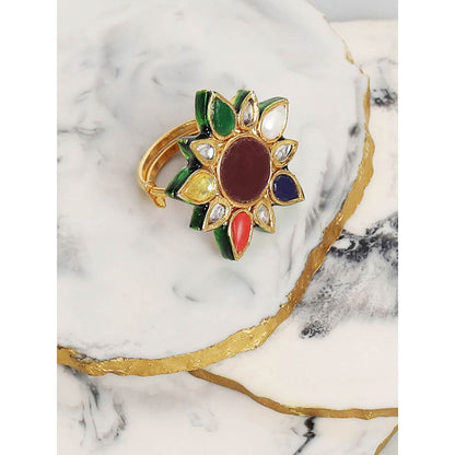 Auraa Trends 22 KT Gold-Plated Kundan-Studded Adjustable Finger Ring