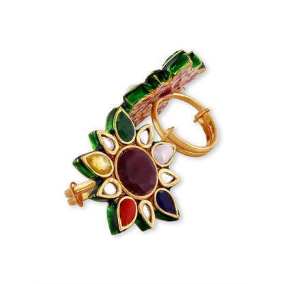 Auraa Trends 22 KT Gold-Plated Kundan-Studded Adjustable Finger Ring