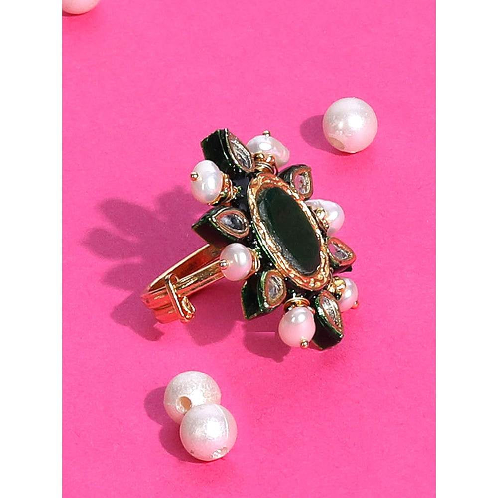 Auraa Trends 22KT Gold-Plated Kundan Pearl Studded Finger Ring