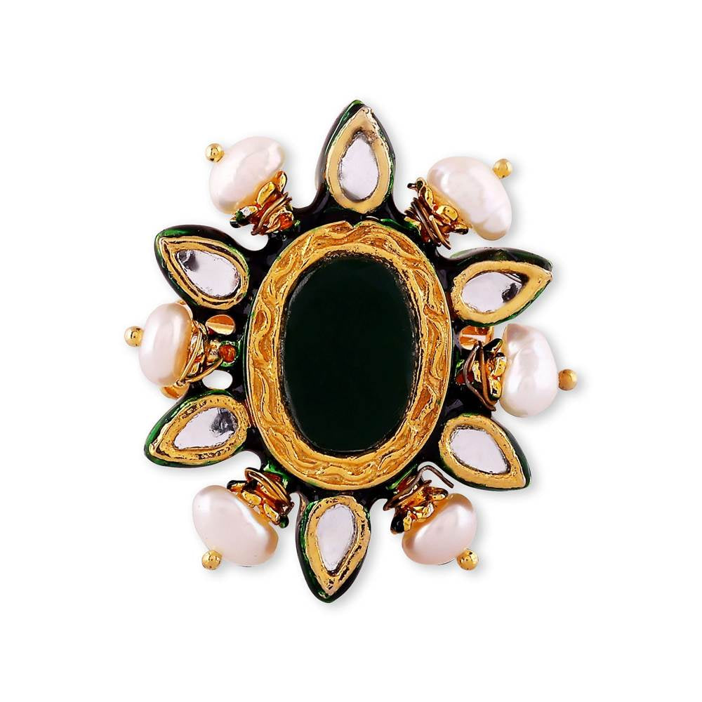 Auraa Trends 22KT Gold-Plated Kundan Pearl Studded Finger Ring