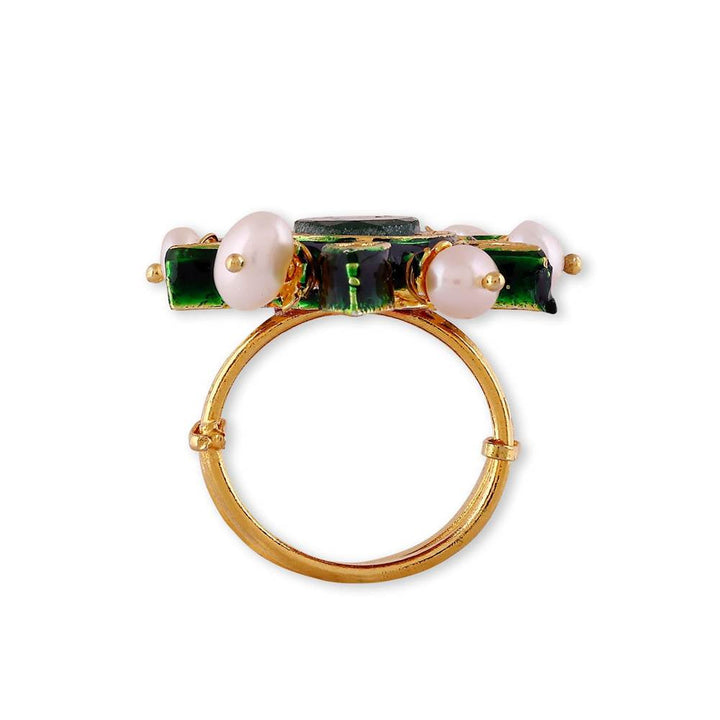 Auraa Trends 22KT Gold-Plated Kundan Pearl Studded Finger Ring