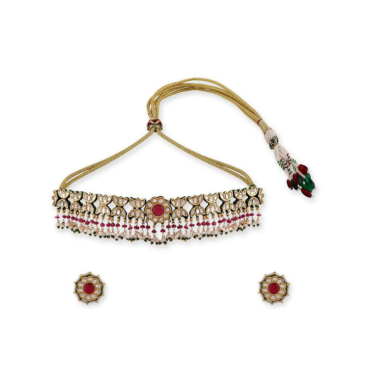 Auraa Trends 22KT Gold Plated Kundan Red Necklace Set