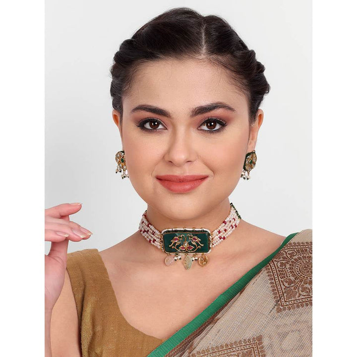 Auraa Trends 22KT Gold Plated Kundan Green Necklace Set