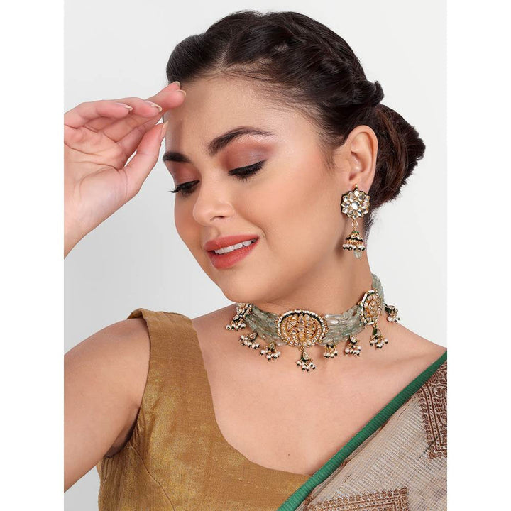 Auraa Trends 22KT Gold Plated Kundan Green Necklace Set