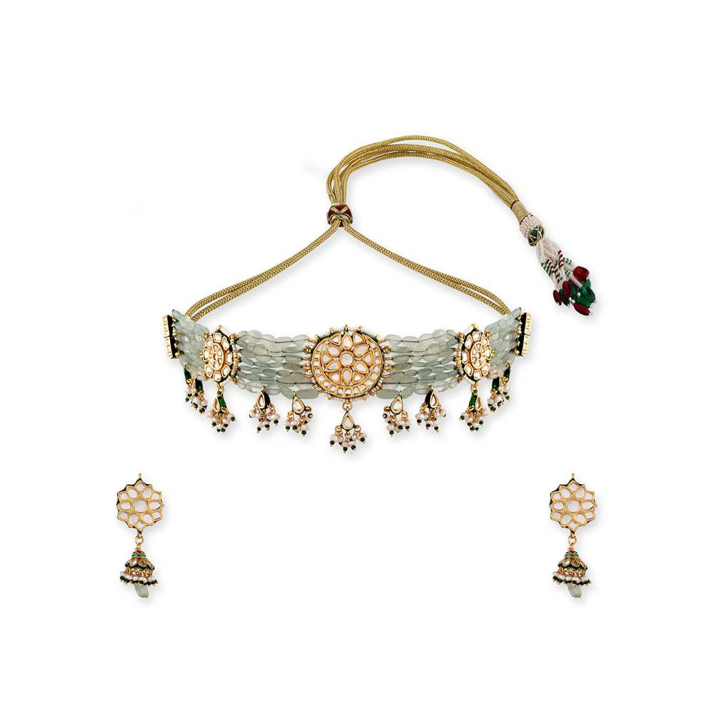 Auraa Trends 22KT Gold Plated Kundan Green Necklace Set