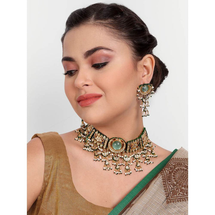 Auraa Trends 22KT Gold Plated Kundan Green Necklace Set