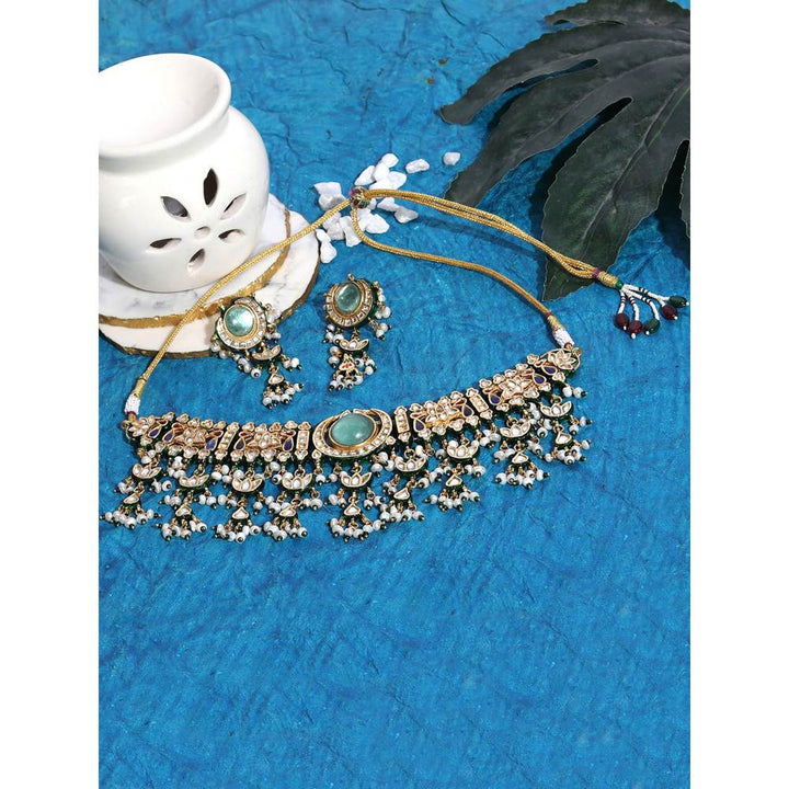 Auraa Trends 22KT Gold Plated Kundan Green Necklace Set