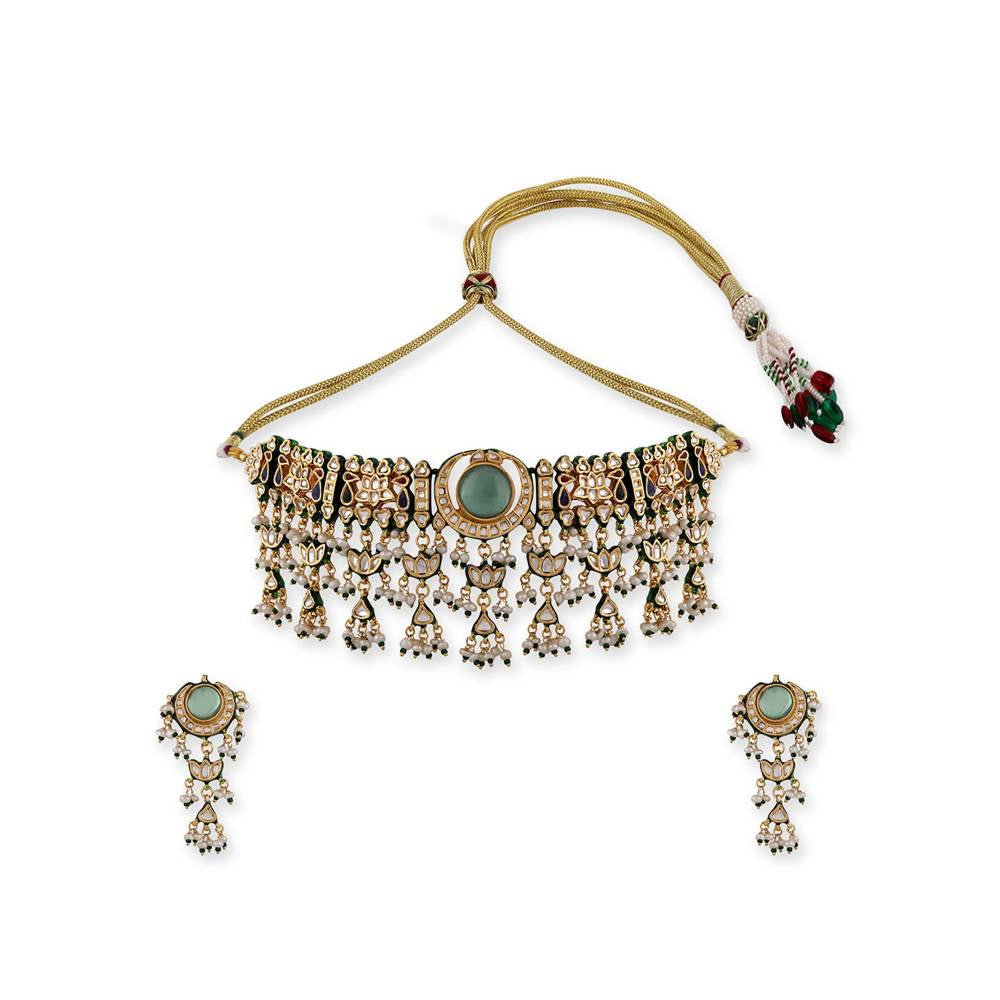 Auraa Trends 22KT Gold Plated Kundan Green Necklace Set