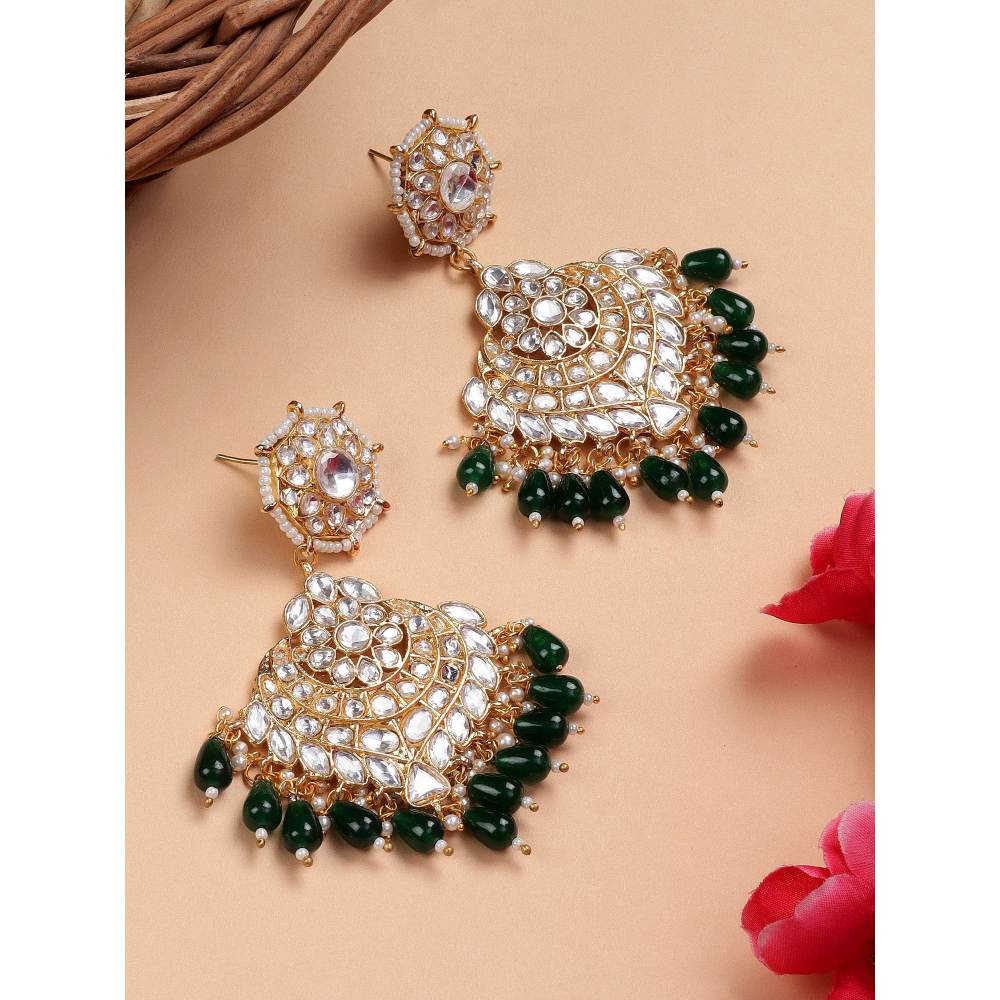 Auraa Trends 22KT Gold Plated Kundan Green Kundan Traditional Handcrafted Stone Chaandbaali