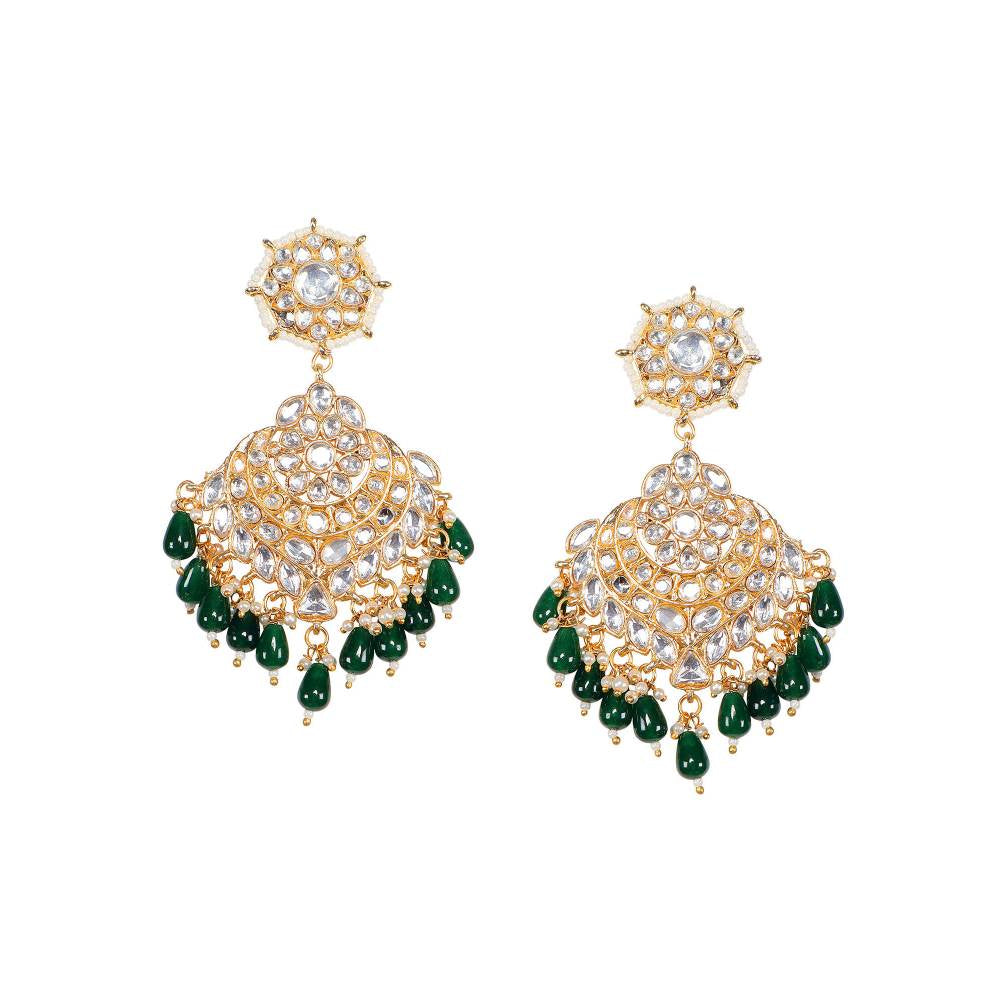 Auraa Trends 22KT Gold Plated Kundan Green Kundan Traditional Handcrafted Stone Chaandbaali