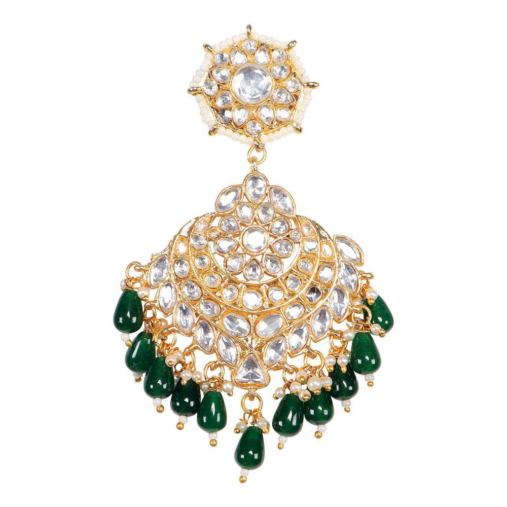 Auraa Trends 22KT Gold Plated Kundan Green Kundan Traditional Handcrafted Stone Chaandbaali