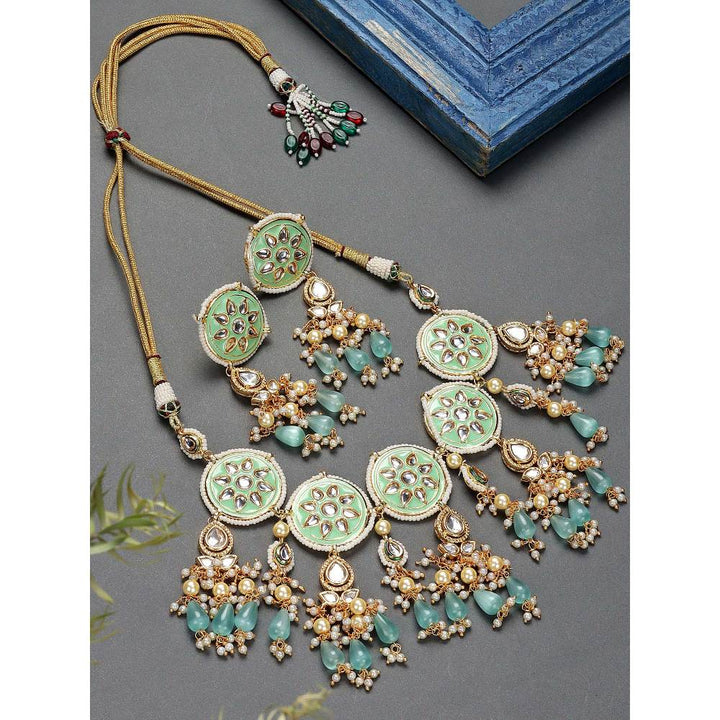 Auraa Trends 22KT Gold Plated Kundan Mint Green & Blue Traditional Handcrafted Stone Necklace Set