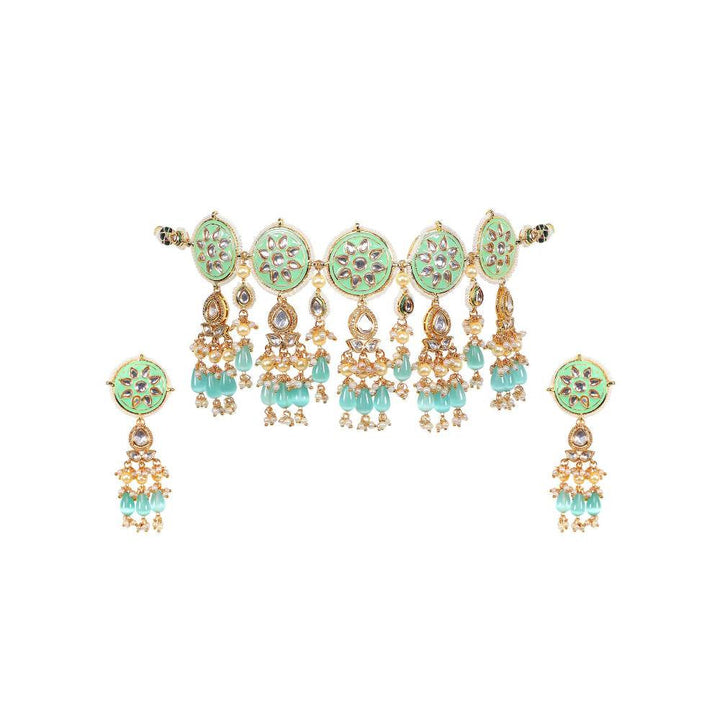 Auraa Trends 22KT Gold Plated Kundan Mint Green & Blue Traditional Handcrafted Stone Necklace Set