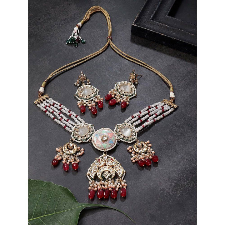 Auraa Trends 22KT Gold Plated Kundan Pink & Red Traditional Handcrafted Stone Necklace Set