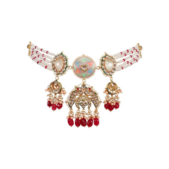 Auraa Trends 22KT Gold Plated Kundan Pink & Red Traditional Handcrafted Stone Necklace Set