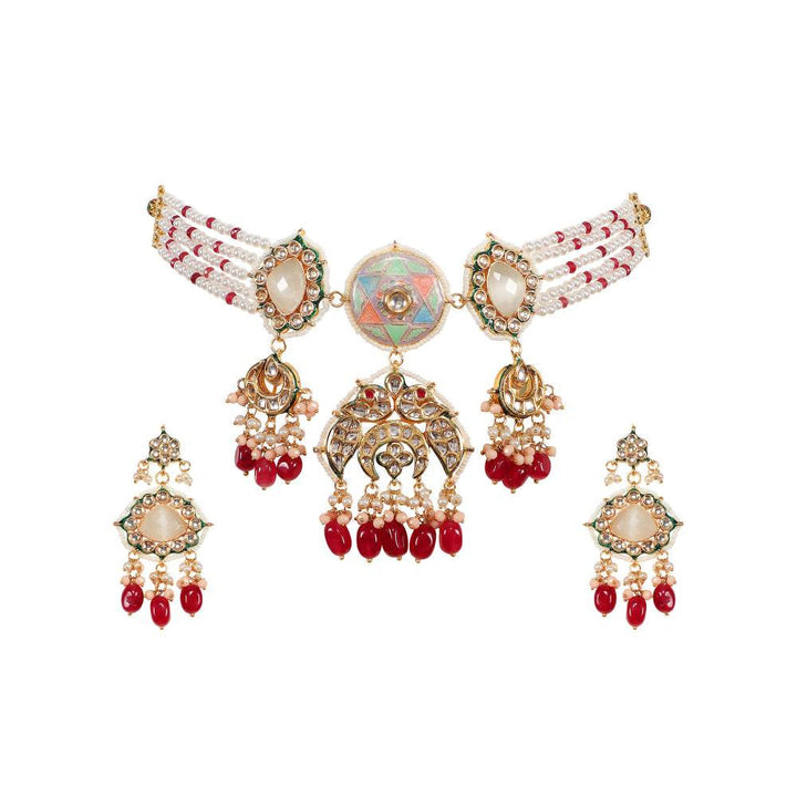 Auraa Trends 22KT Gold Plated Kundan Pink & Red Traditional Handcrafted Stone Necklace Set