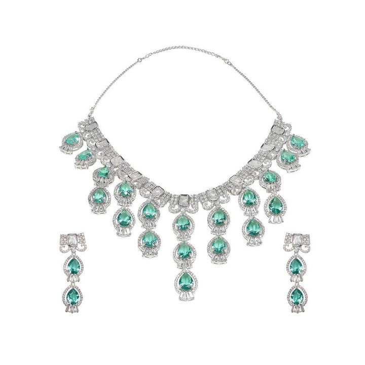 Auraa Trends Rhodium Plated Sea Green American Diamond Zircon Handcrafted Stone Necklace Set