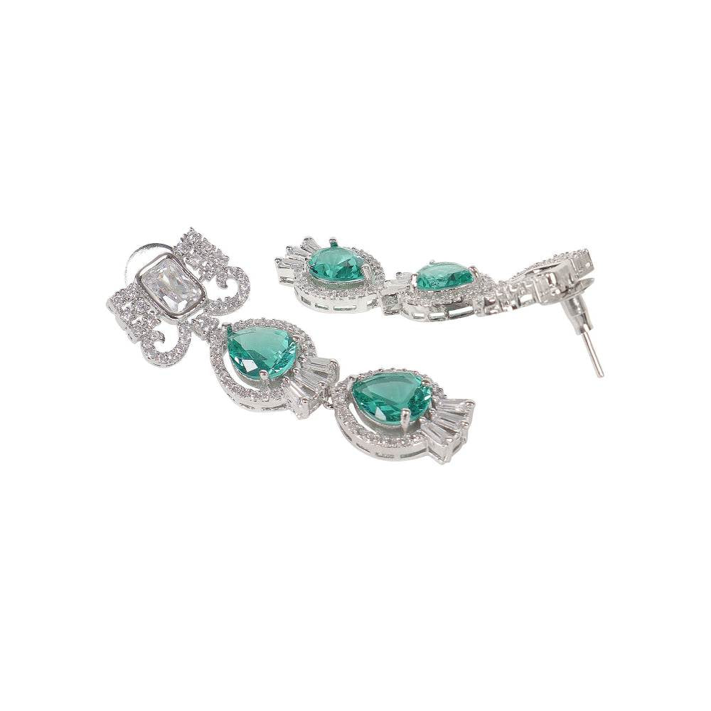 Auraa Trends Rhodium Plated Sea Green American Diamond Zircon Handcrafted Stone Necklace Set