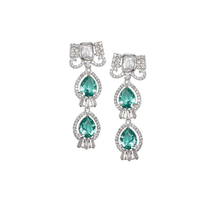 Auraa Trends Rhodium Plated Sea Green American Diamond Zircon Handcrafted Stone Necklace Set