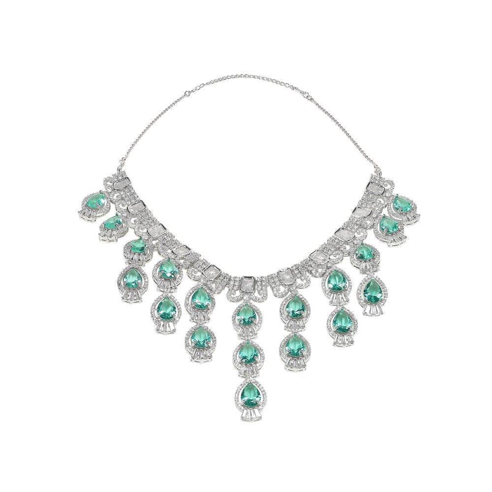 Auraa Trends Rhodium Plated Sea Green American Diamond Zircon Handcrafted Stone Necklace Set