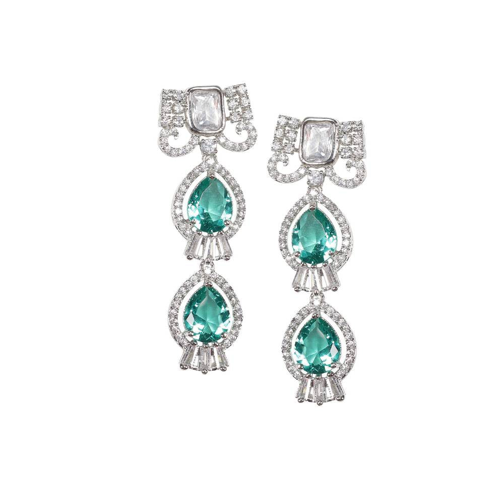 Auraa Trends Rhodium Plated Sea Green American Diamond Zircon Handcrafted Stone Necklace Set