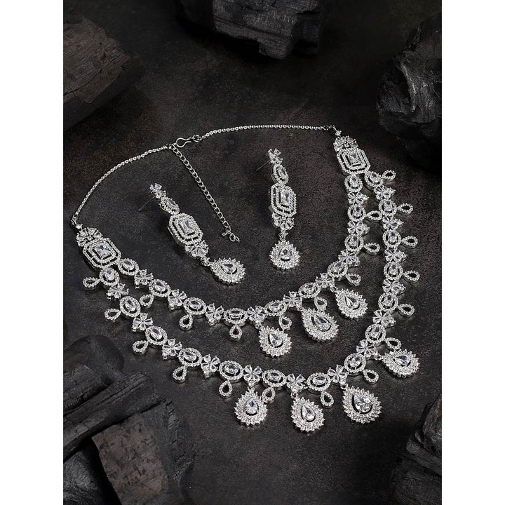 Auraa Trends Rhodium Plated White American Diamond Zircon Handcrafted Stone Necklace Set