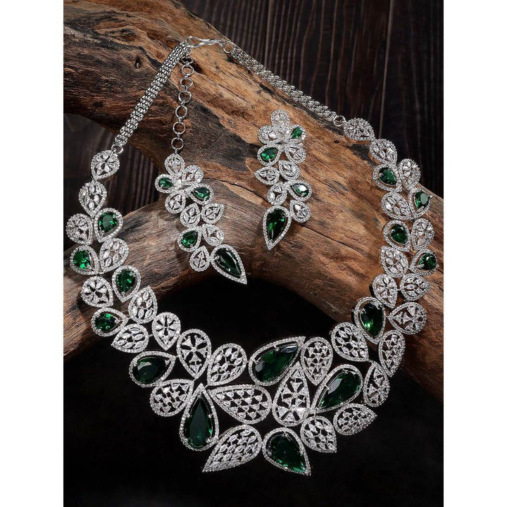 Auraa Trends Rhodium Plated White & Green American Diamond Zircon Handcrafted Stone Necklace Set