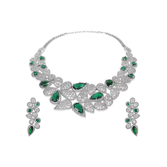 Auraa Trends Rhodium Plated White & Green American Diamond Zircon Handcrafted Stone Necklace Set