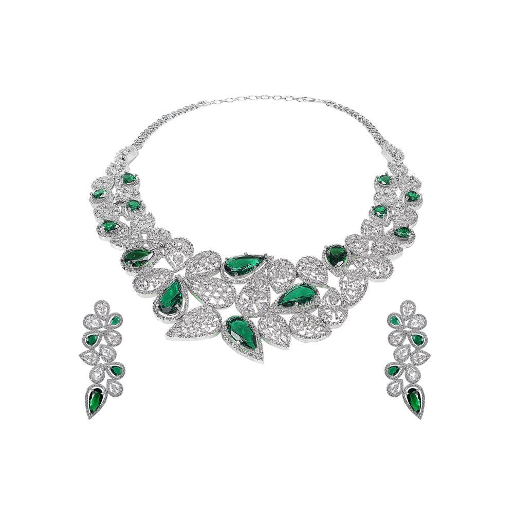 Auraa Trends Rhodium Plated White & Green American Diamond Zircon Handcrafted Stone Necklace Set