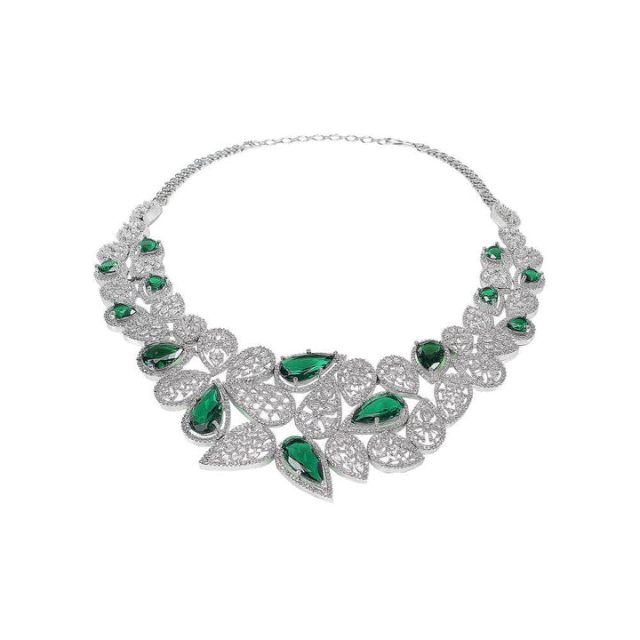 Auraa Trends Rhodium Plated White & Green American Diamond Zircon Handcrafted Stone Necklace Set