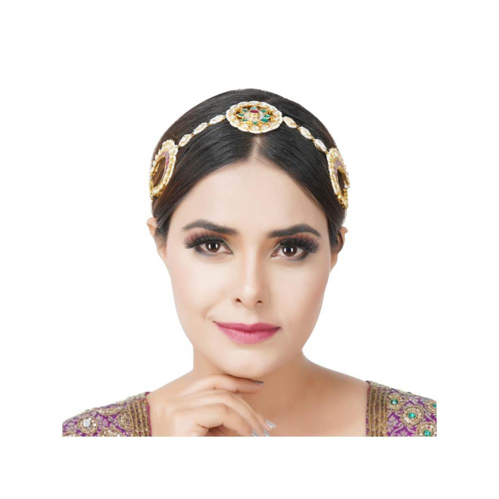 Auraa Trends 22Kt Gold Plated Kundan Traditional Handcrafted Stones Red and Green Matha Patti