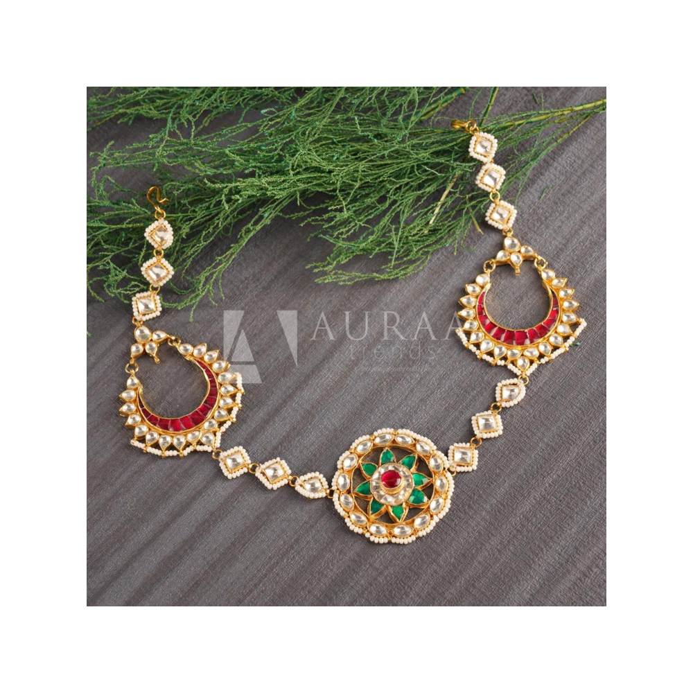 Auraa Trends 22Kt Gold Plated Kundan Traditional Handcrafted Stones Red and Green Matha Patti