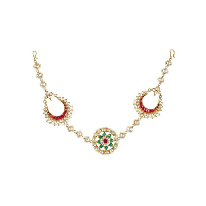 Auraa Trends 22Kt Gold Plated Kundan Traditional Handcrafted Stones Red and Green Matha Patti