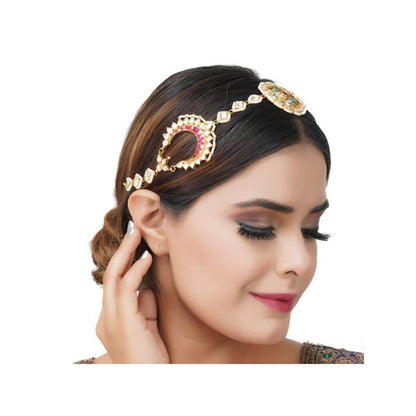 Auraa Trends 22Kt Gold Plated Kundan Traditional Handcrafted Stones Red and Green Matha Patti