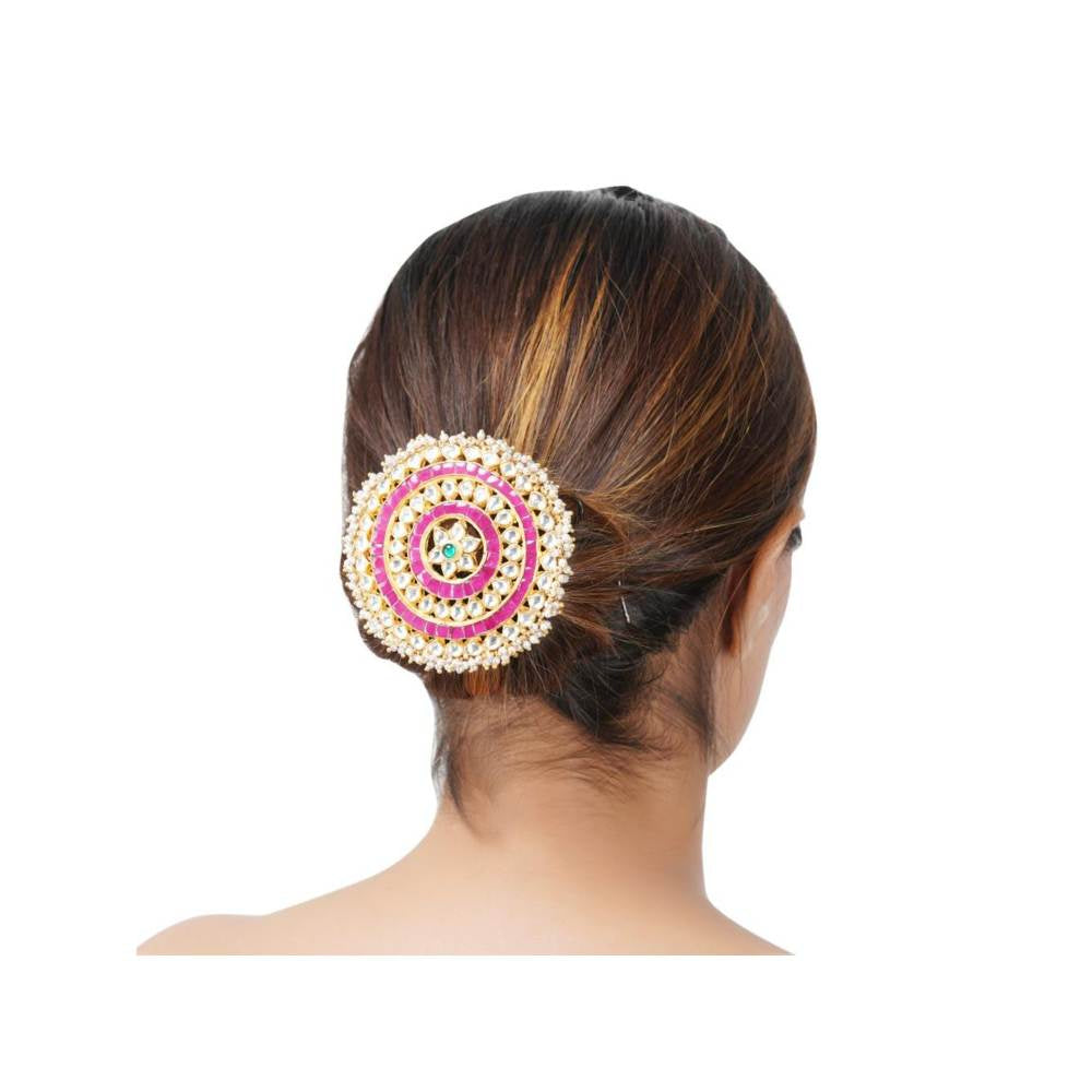 Auraa Trends 22Kt Gold Plated Kundan Traditional Pink and Green Juda Pin