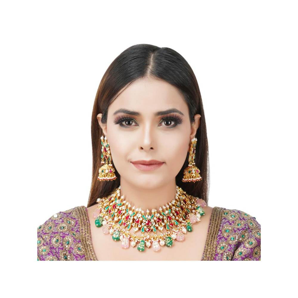 Auraa Trends 22Kt Gold Plated Kundan Traditional Multi-Color Necklace Set