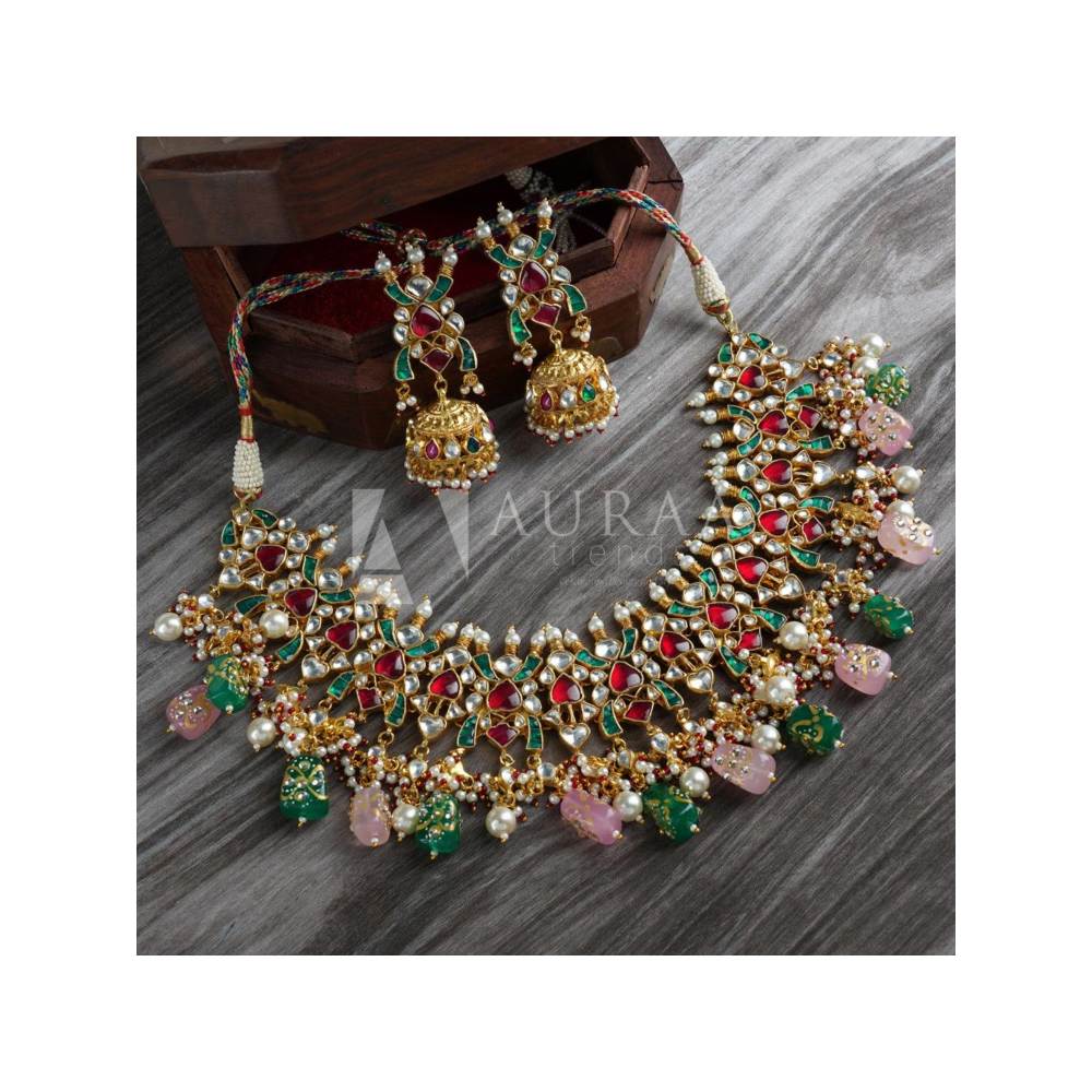 Auraa Trends 22Kt Gold Plated Kundan Traditional Multi-Color Necklace Set