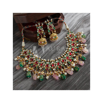 Auraa Trends 22Kt Gold Plated Kundan Traditional Multi-Color Necklace Set