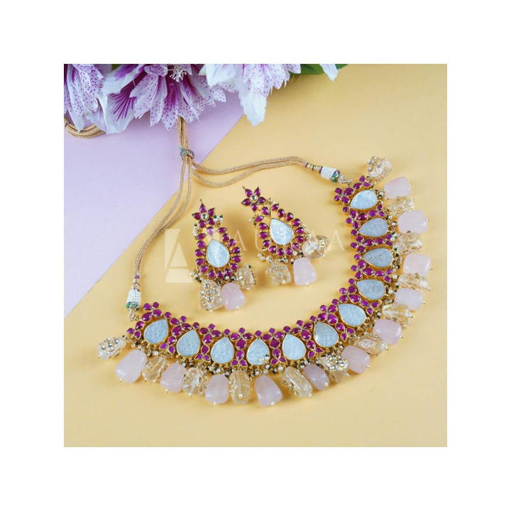 Auraa Trends 22Kt Gold Plated Kundan Elegant Multi-Color Necklace Set