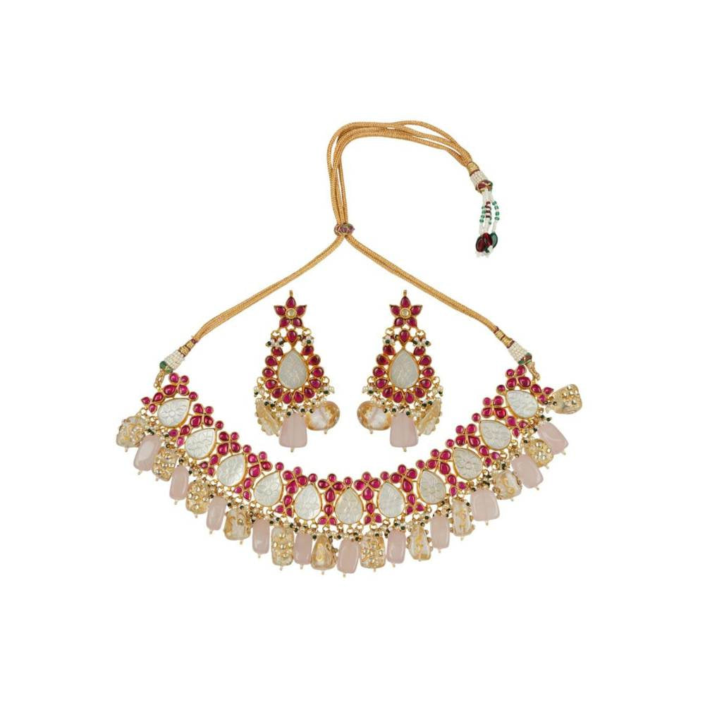 Auraa Trends 22Kt Gold Plated Kundan Elegant Multi-Color Necklace Set