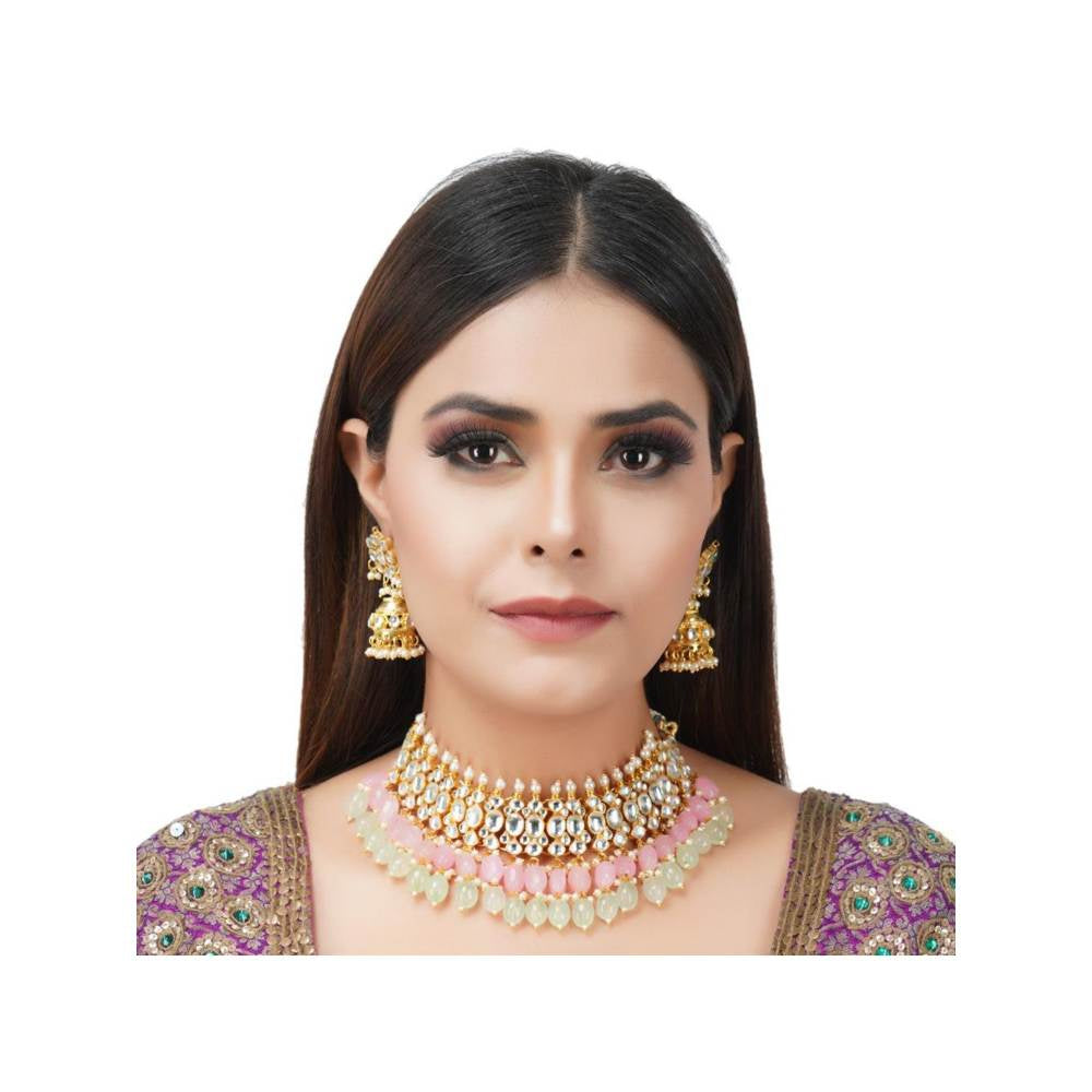 Auraa Trends 22Kt Gold Plated Kundan Classic Pink Necklace Set
