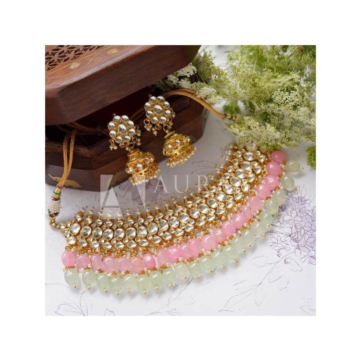 Auraa Trends 22Kt Gold Plated Kundan Classic Pink Necklace Set
