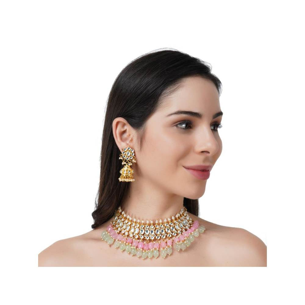 Auraa Trends 22Kt Gold Plated Kundan Classic Pink Necklace Set