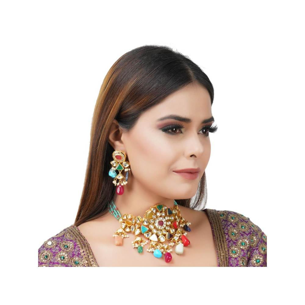 Auraa Trends 22Kt Gold Plated Kundan Traditional Navratna Multi-Color Necklace Set