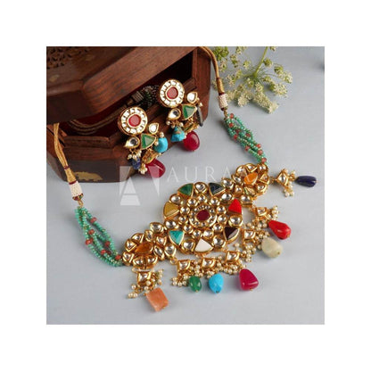Auraa Trends 22Kt Gold Plated Kundan Traditional Navratna Multi-Color Necklace Set