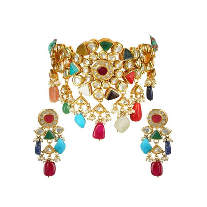 Auraa Trends 22Kt Gold Plated Kundan Traditional Navratna Multi-Color Necklace Set
