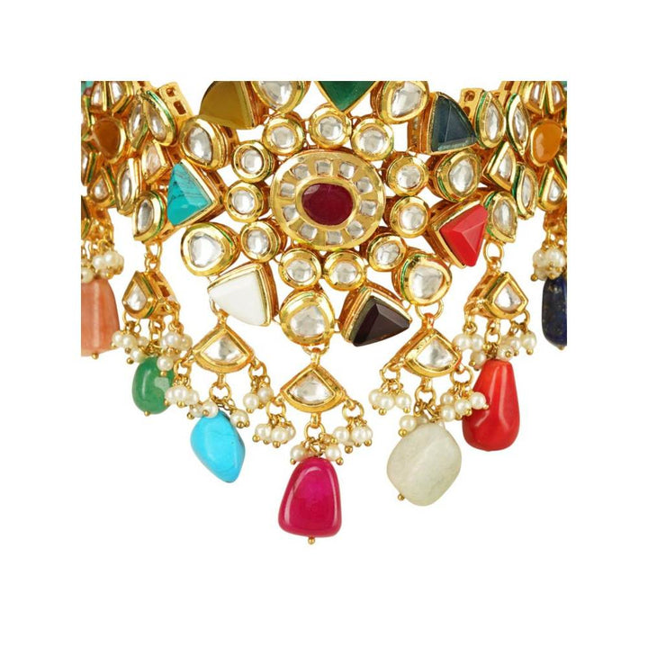 Auraa Trends 22Kt Gold Plated Kundan Traditional Navratna Multi-Color Necklace Set