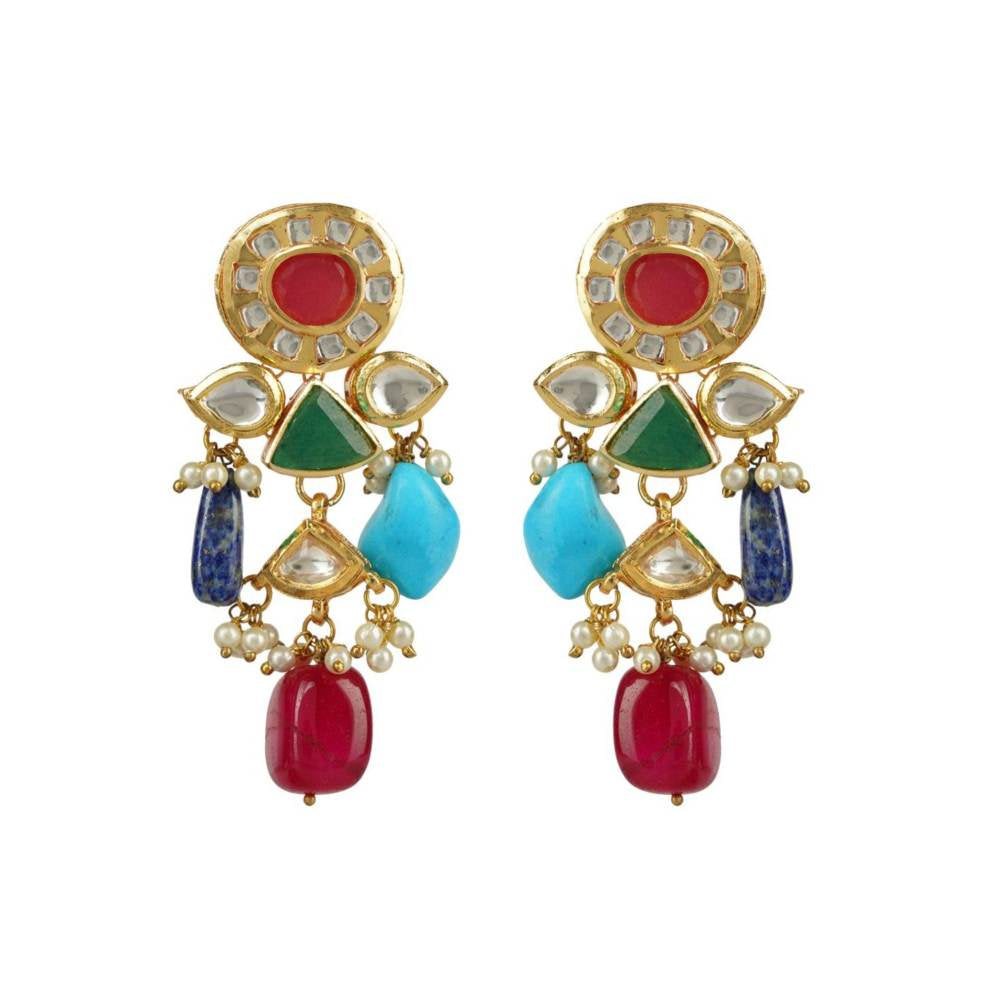 Auraa Trends 22Kt Gold Plated Kundan Traditional Navratna Multi-Color Necklace Set