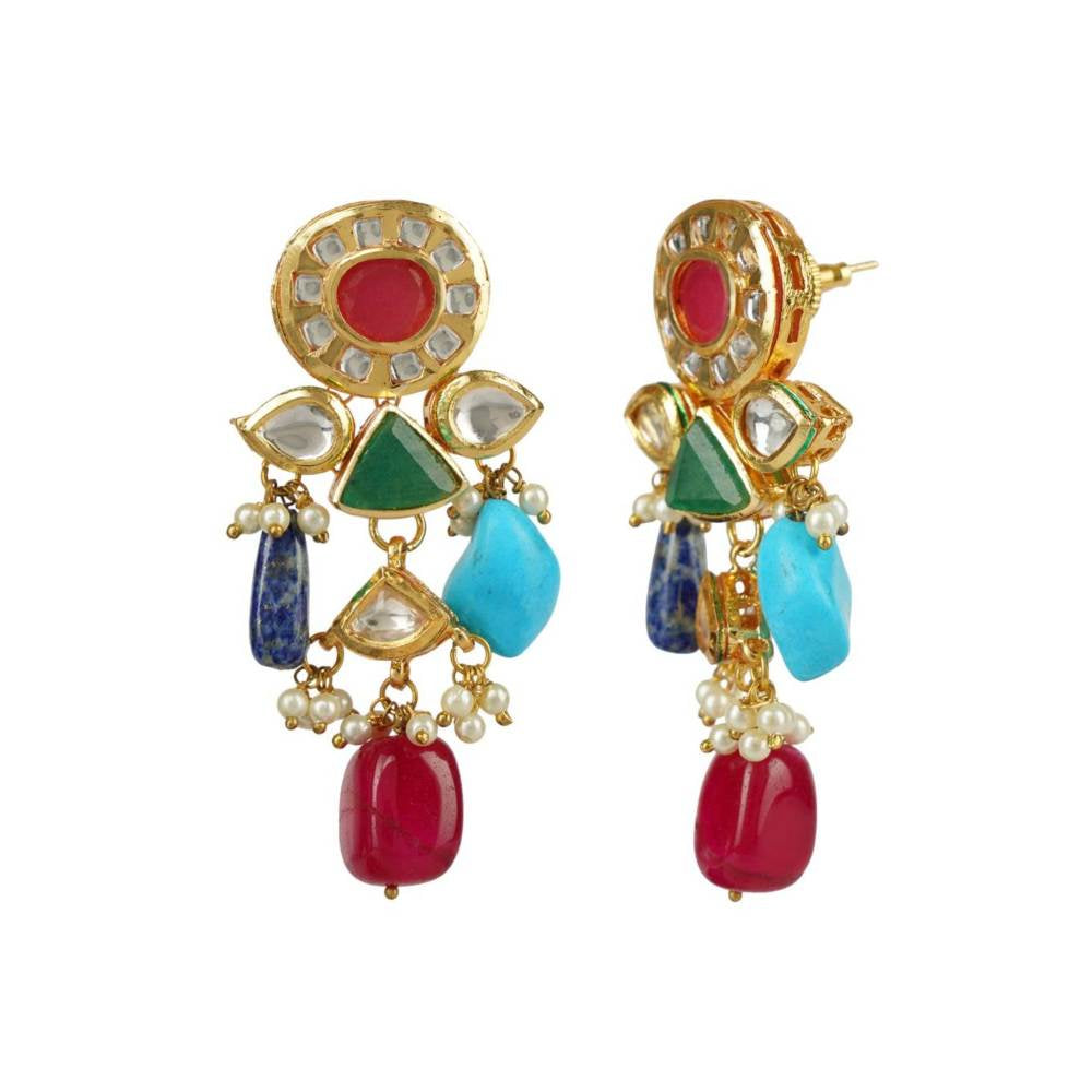 Auraa Trends 22Kt Gold Plated Kundan Traditional Navratna Multi-Color Necklace Set